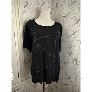 Sacred Threads Short Sleeve Top Sz M Boho Patchwork Hippie Lightweight Dark Gray